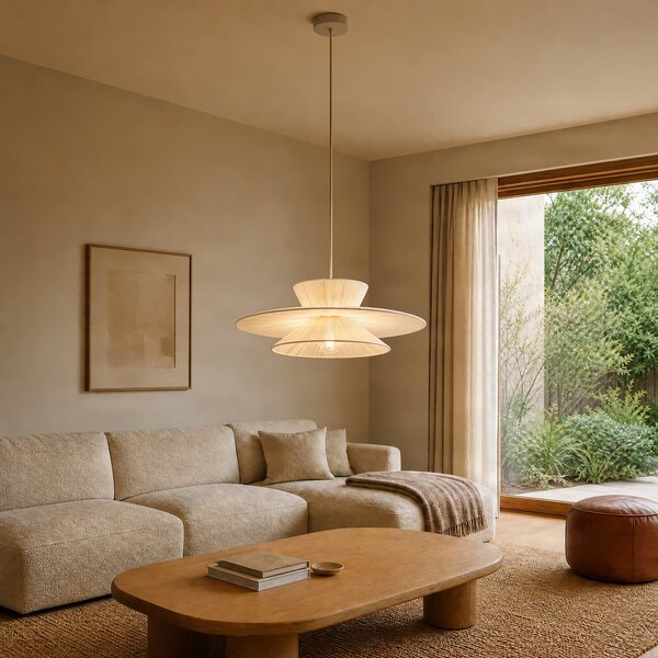 Lampada a sospensione Lucande, Novie, dimmerabile, Beige, Soggiorno, Tessuto / Tessile, Scandinavo