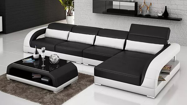 Divano angolare di design Divano angolare soggiorno Divano moderno imbottito in pelle Divano + tavolo Arredamento