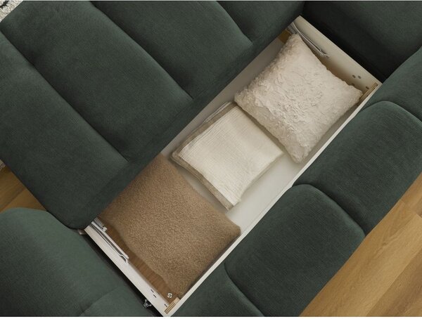 Divano angolare verde allungabile e con contenitore (penisola a sinistra/chaise lounge) con rivestimento in ciniglia Fuji – Bobochic Paris