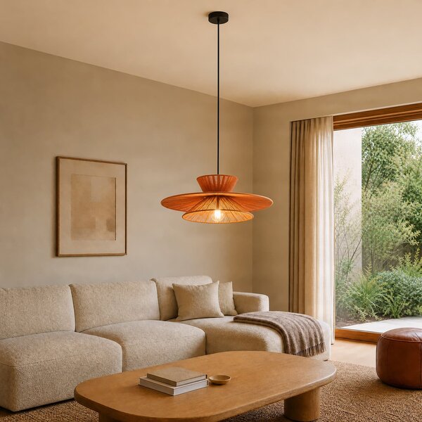 Lampada a sospensione Lucande, Novie, dimmerabile, Marrone / Ruggine, Soggiorno, Tessuto / Tessile, Scandinavo