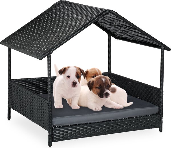 Relaxdays Lettino per cani con tettuccio, A x L x P: 81 x 90 x 68 cm, polyrattan, lettino rialzato con cuscino, per esterni, antracite