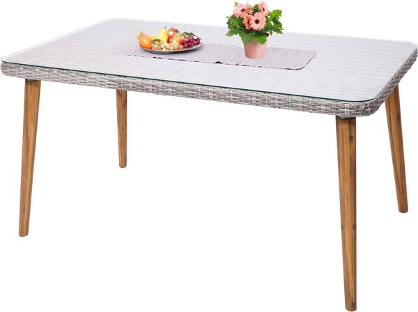 Tavolo da pranzo in polyrattan MCW-H65, tavolo da giardino/da salotto, acciaio + acacia, semicircolare, polyrattan MVG 150x90 cm ~ grigio