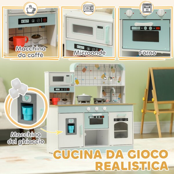 AIYAPLAY Cucina Giocattolo per Bambini 3+ Anni in Legno, Fornello Interattivo, Forno e Macchina Caffè, Bianco | Aosom Italy