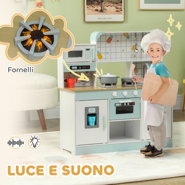 AIYAPLAY Cucina Giocattolo per Bambini 3+ Anni in Legno, Fornello Interattivo, Forno e Macchina Caffè, Bianco | Aosom Italy