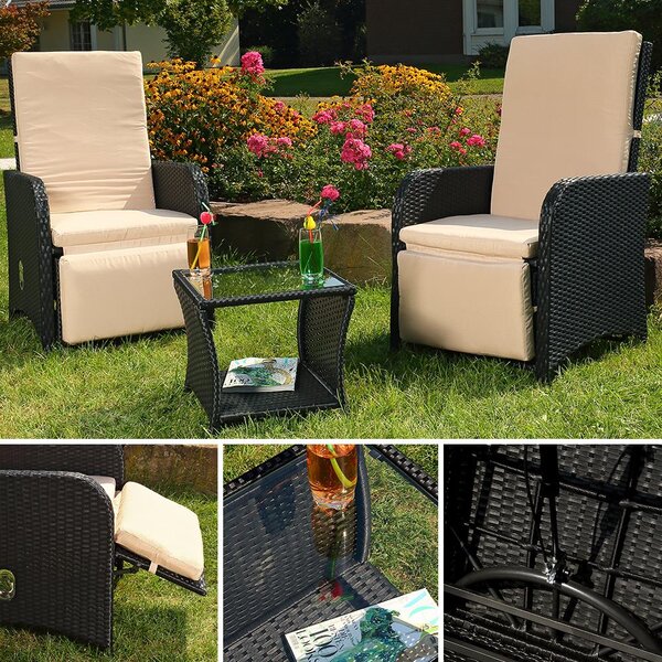 Mucola Set di sedute 2 poltrone e tavolo Set da salotto in polyrattan Mobili da giardino Gruppo di sedute da giardino Set da pranzo - Nero