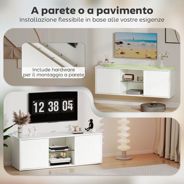 HOMCOM Mobile Porta TV fino a 55" Sospeso o a Terra, Ante Soft Close, Foro Passacavi e Ripiano in Vetro, Bianco | Aosom Italy