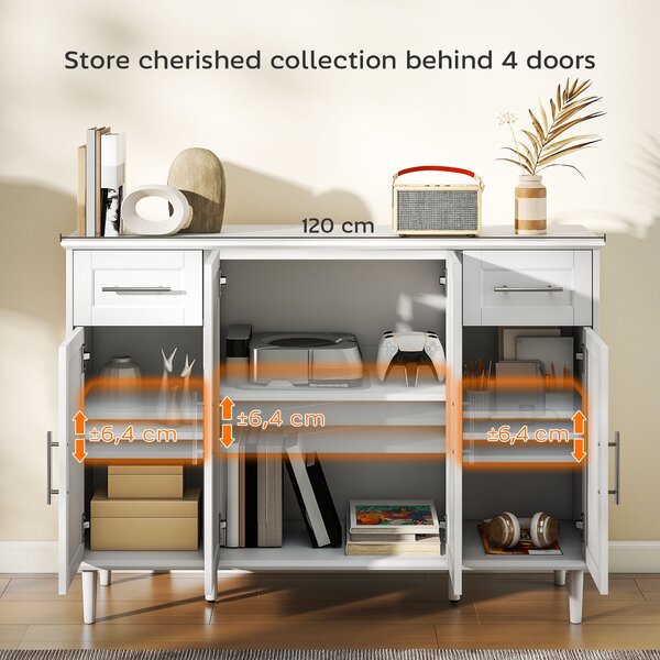 HOMCOM Credenza Buffet Elegante con 2 Cassetti e 3 Armadietti con Ripiani Regolabili, in Legno, 120x38x86 cm, Bianco | Aosom Italy
