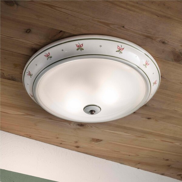 Plafoniera da Soffitto Con bordi in ceramica dipinti a mano CAPUA H 11 cm ? 32 cm peso 1 kg - Attacco Lampada E 27 interno esterno, Paralume in Vetro Bianco Vintage