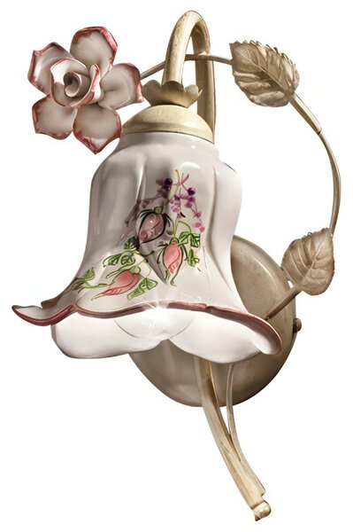 Applique Lampada da Muro in Ceramica con Delicate rose dipinte a mano PISA H 26 cm Sp 21 cm ? 12 cm peso 1 kg - Attacco Lampada E14 interno esterno, Bianco Vintage