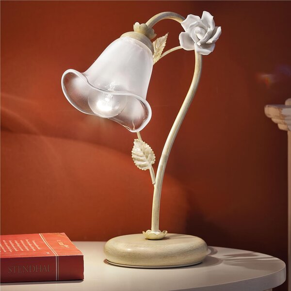 Lampada da comodino Delicate rose in pregiata ceramica SIENA L 22 cm H 29 cm ? 11cm peso 0,55 kg - Attacco Lampada E14 interno esterno, Bianco Vintage