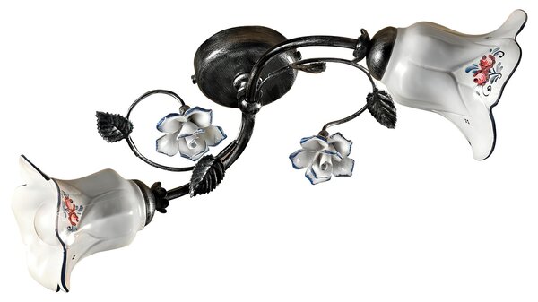 Applique Lampada da Muro Doppia due Luci rose dipinte a mano PISA H 17 cm Sp 17 cm 46 cm peso 1 kg - Attacco Lampada E14 interno esterno, Bianco Vintage