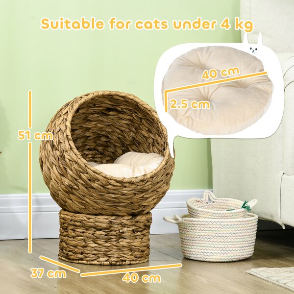 PawHut Cuccia per Gatti in Vimini con Cuscino in Cotone Marrone e Bianco 42 x 33 x 52 cm|Aosom