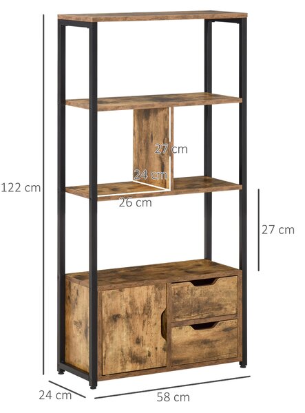 HOMCOM Mobile Libreria con 3 Ripiani, Armadietto e 2 Cassetti, in Truciolato e Metallo, 58x24x122 cm|Aosom