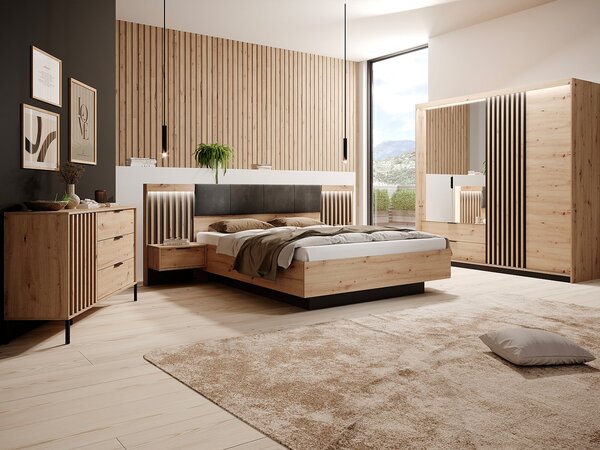 Letto con contenitore con comodini 160 x 200 cm con LED Naturale e Nero - ARIADA