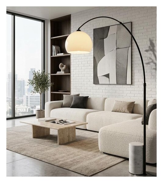 CURVE PIANTANA AD ARCO IN METALLO NERO ORO,BASE IN MARMO BIANCO E PARALUME D35 CM BIANCO MODERNA
