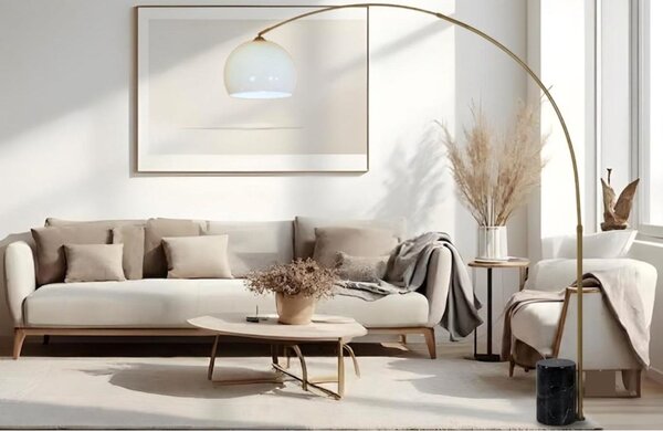 CURVE PIANTANA AD ARCO IN METALLO NERO ORO,BASE IN MARMO NERO E PARALUME D40 CM BIANCO MODERNA