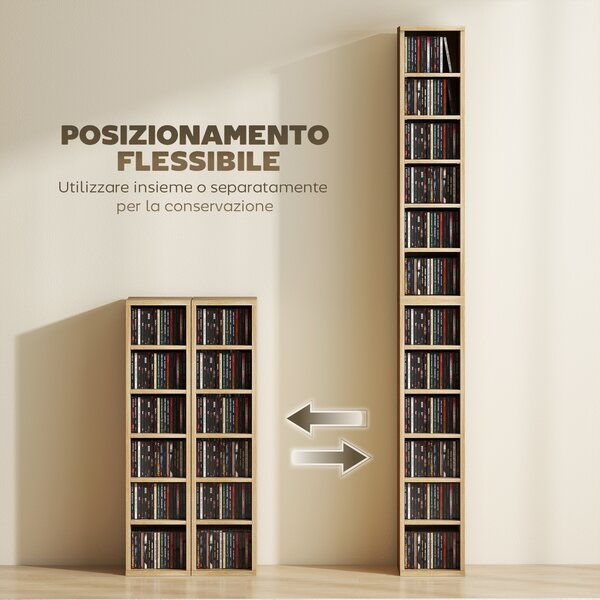HOMCOM Set 2 Mobili Porta CD con Ripiani Regolabili per 204 CD in Legno, 21x22.5x88.5 cm, Rovere | Aosom Italy