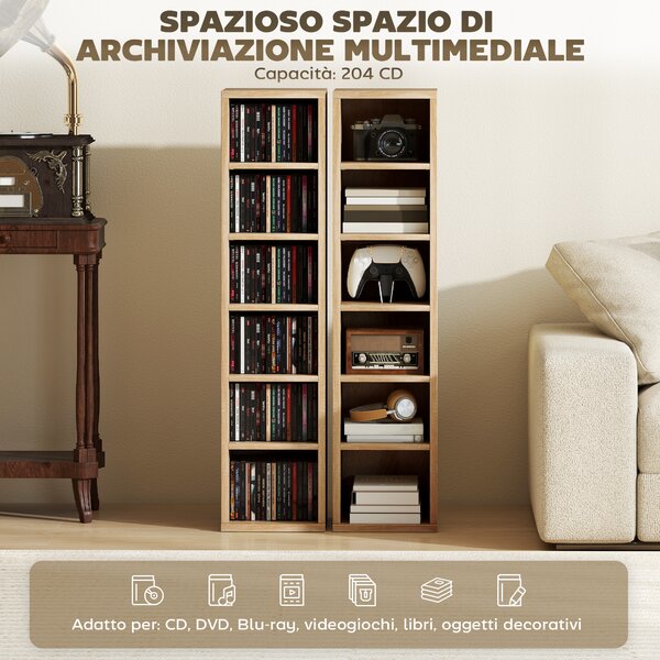 HOMCOM Set 2 Mobili Porta CD con Ripiani Regolabili per 204 CD in Legno, 21x22.5x88.5 cm, Rovere | Aosom Italy