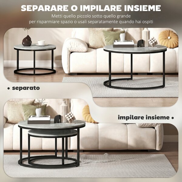 HOMCOM Set 2 Tavolini da Salotto Rotondi con Piano Effetto Marmo, in Legno e Metallo, Grigio Marmo | Aosom Italy