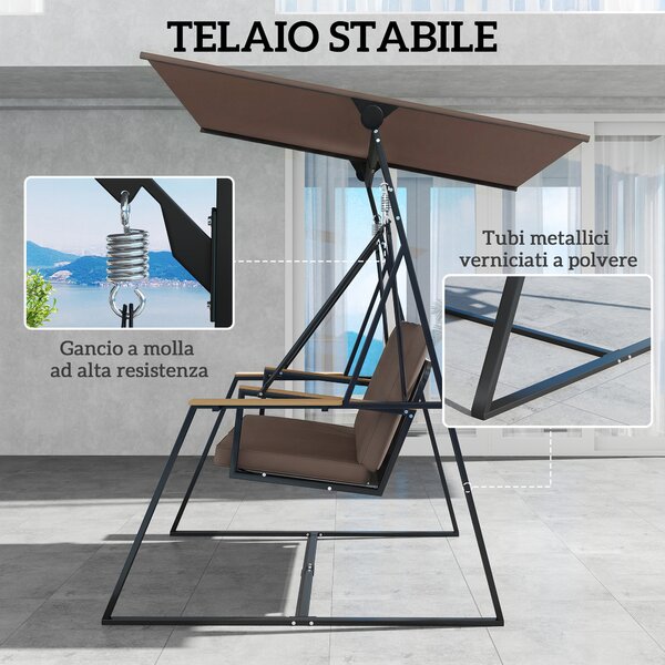 Outsunny Dondolo da Giardino 3 Posti con Tettuccio Regolabile, Dondolo da Esterno in Metallo con Vassoi Porta Bicchieri, Cuscini Imbottiti, Portata 360kg, per Terrazzo Balcone, 222x131x175 cm, Marrone | Aosom Italy