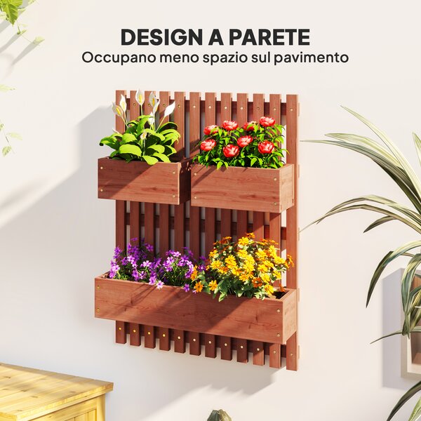 Outsunny Fioriera Verticale a Doghe da esterno con 3 Vasi Rimovibili, in Legno di Abete, 60x16x80 cm, Marrone | Aosom Italy