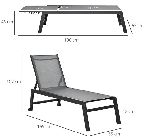 Outsunny Sdraia da Giardino lettino prendisole Sedie da terrazzo pieghevole arredamento Grigio Schienale Regolabile, 2 Ruote 169x65x102cm|Aosom