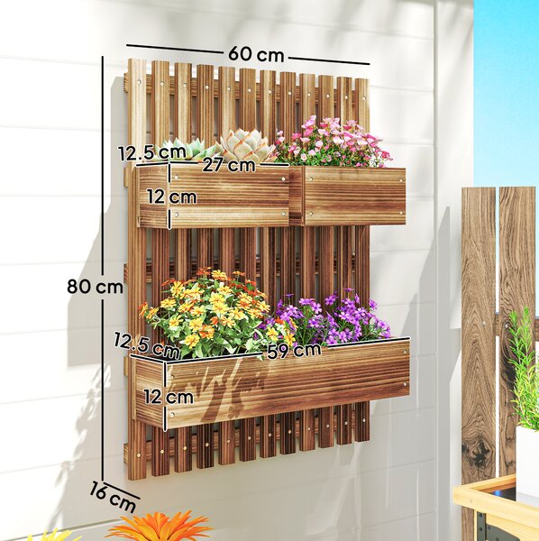 Outsunny Fioriera Verticale a Doghe con 3 Vasi Rimovibili, in Legno di Abete, 60x16x80 cm, Marrone Bruciato