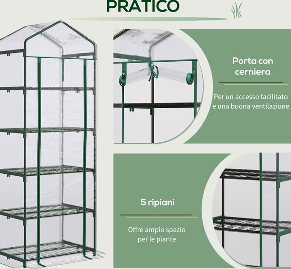 Outsunny Mini Serra in tubi per Orto a 5 Ripiani con Copertura in PVC, per Giardino e Terrazza, 69x49x193cm, Trasparente | Aosom Italy