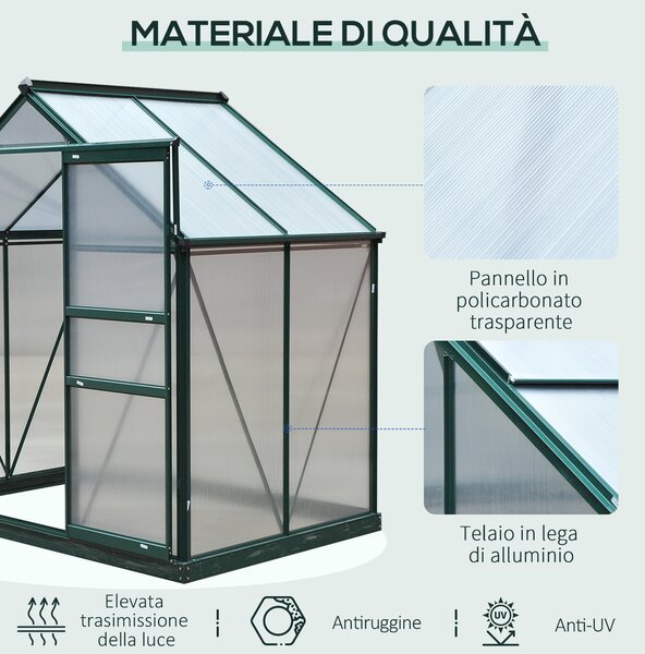 Outsunny Serra da Giardino con Grondaia, Finestra e Porta Scorrevole, in Policarbonato Anti UV, 190x132x201cm, Verde Scuro | Aosom Italy