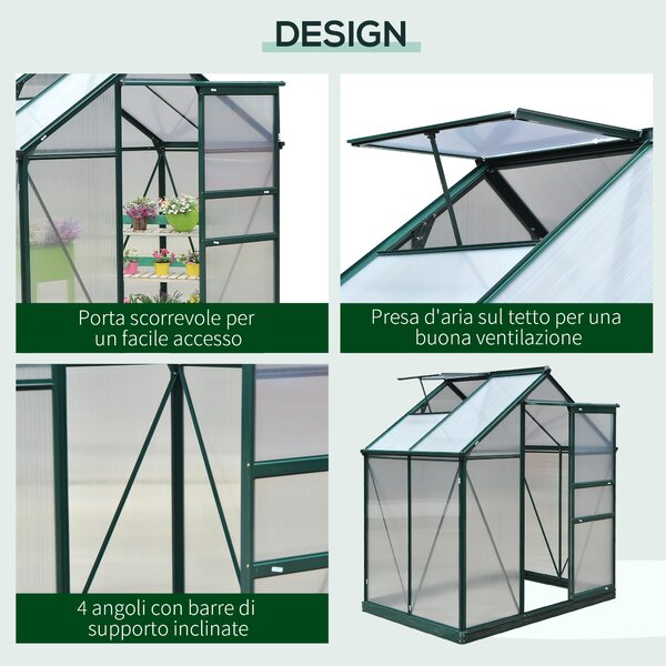 Outsunny Serra da Giardino con Grondaia, Finestra e Porta Scorrevole, in Policarbonato Anti UV, 190x132x201cm, Verde Scuro | Aosom Italy