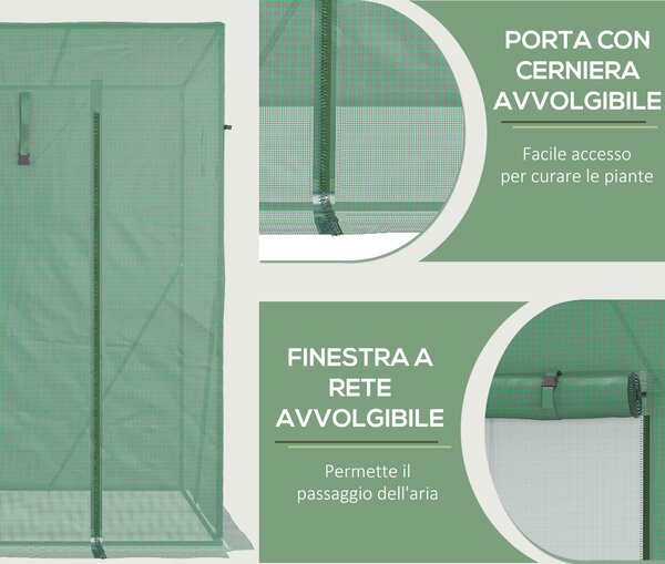 Outsunny Serra da Giardino con 2 Finestre e Porta Avvolgibile per Orto in Acciaio e Copertura in PE Anti-Raggi UV, 200x77x148-169cm, Verde|Aosom Italy