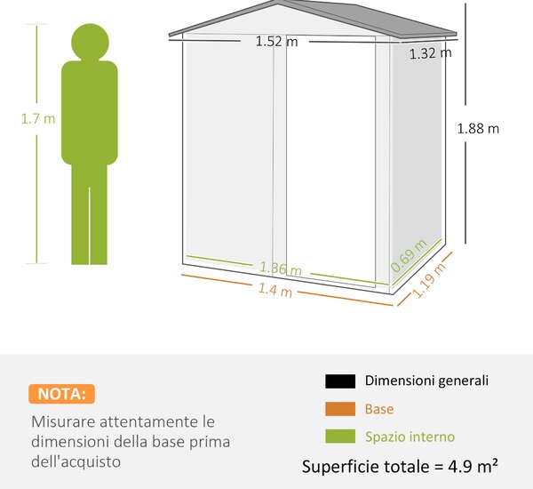 Outsunny Casetta da Giardino Porta Attrezzi in Acciaio con Tetto Inclinato e 4 Prese d'Aria, 152x132x188 cm, Grigio | Aosom Italy