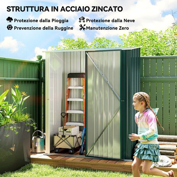 Outsunny Casetta da Giardino in Acciaio Porta Attrezzi con Catenaccio, 161.5x94.5x196cm, Verde | Aosom Italy