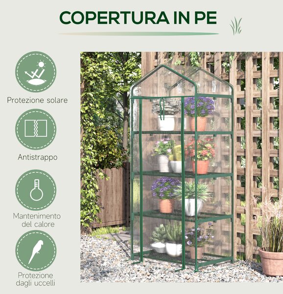 Outsunny Serra per Orto Verticale con Porta avvolgibile, 4 Ripiani e Copertura in PVC Trasparente, 70x50x160cm, Verde scuro | Aosom Italy