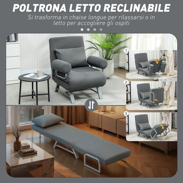 HOMCOM Poltrona Letto 3 in 1 con Schienale Reclinabile su 5 Livelli, in Tessuto Effetto Lino, 73x78x81 cm, Grigio Scuro | Aosom Italy