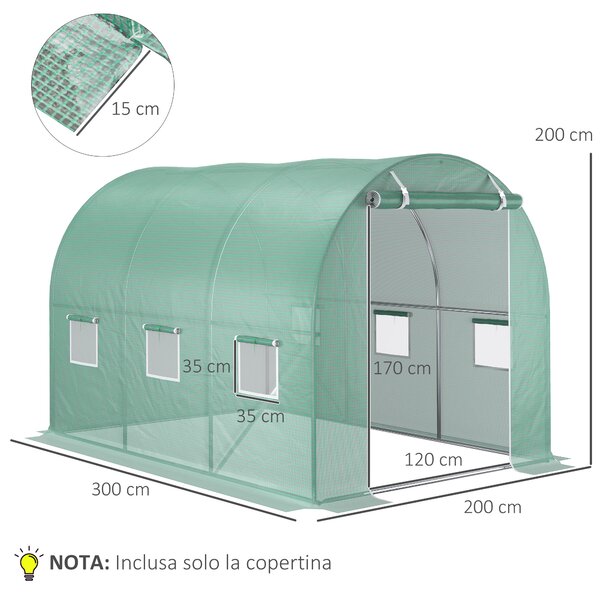 Outsunny Telo per Serra in PE con 6 Finestre, Porta Avvolgibile e Bordi Interrati, 3x2x2 m, Verde