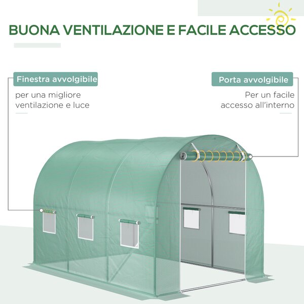 Outsunny Telo per Serra in PE con 6 Finestre, Porta Avvolgibile e Bordi Interrati, 3x2x2 m, Verde