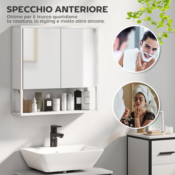 HOMCOM Mobile Bagno a Parete con Specchio, Armadietto con Mensola Regolabile e Ripiano Aperto, 60x16x60 cm, Bianco | Aosom Italy