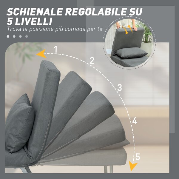 HOMCOM Poltrona Letto 3 in 1 con Schienale Reclinabile su 5 Livelli, in Tessuto Effetto Lino, 73x78x81 cm, Grigio Scuro | Aosom Italy