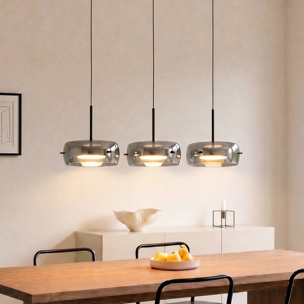 Lucande Lampada LED a sospensione Martis, nera, 3 luci, step-dim Martis Lucande, dimmerabile, Nero, Soggiorno / Sala da pranzo, Vetro, Moderno