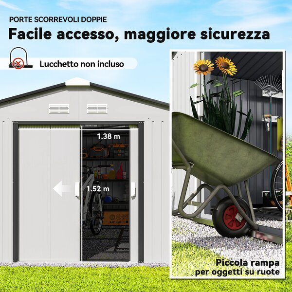 Outsunny Casetta da Giardino 3.4x3.8x2 m in Acciaio con Doppia Porta Scorrevole e Tetto Inclinato, Argento | Aosom Italy