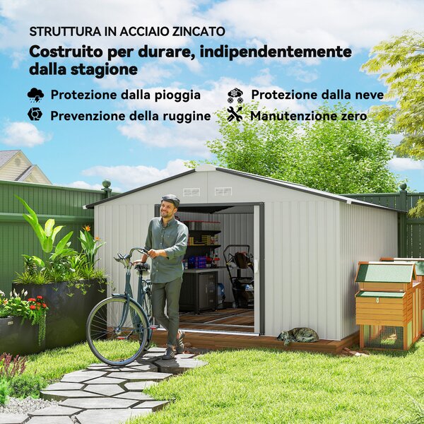 Outsunny Casetta da Giardino 3.4x3.8x2 m in Acciaio con Doppia Porta Scorrevole e Tetto Inclinato, Argento | Aosom Italy