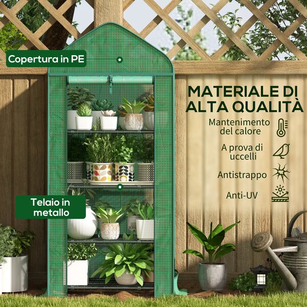 Outsunny Serra per Orto da Giardino con Porta Avoolgibile e 4 Ripiani in Metallo e Copertura in PE, 69x49x158cm, Verde Scuro | Aosom Italy
