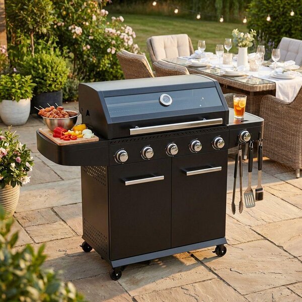 Milani Home - barbecue a gas da giardino, 5 fuochi + fornello laterale, metallo, con coperchio e ruote, nero