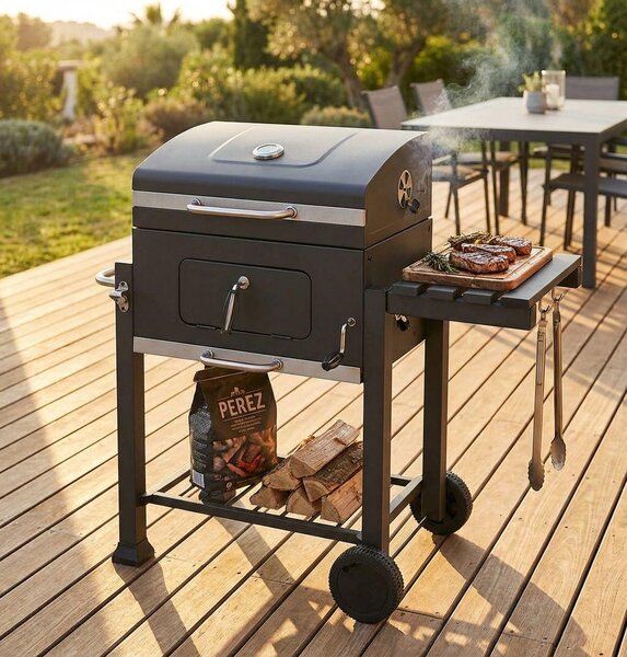 Milani Home - barbecue a carbonella, acciaio, con coperchio e ruote, antracite