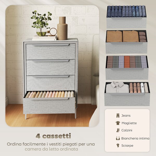 HOMCOM Cassettiera 4 Cassetti in Acciaio con Rivestimento in Tessuto Effetto Lino, 60x36x88 cm, Grigio | Aosom Italy