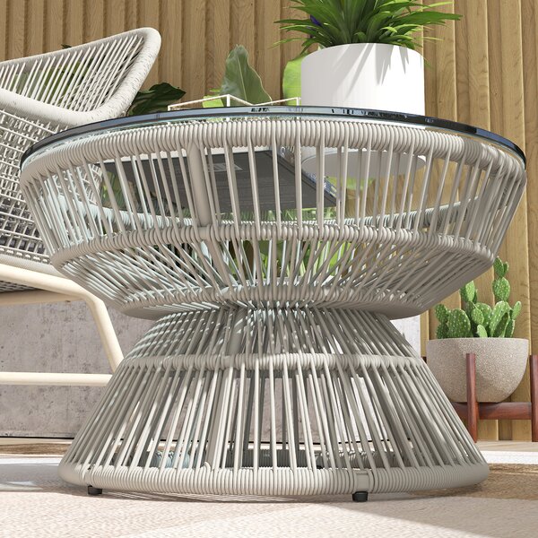 Outsunny Tavolino da giardino rotondo, tavolino d'appoggio in resina effetto rattan e piano in vetro temperato Ø 60 x 37H cm