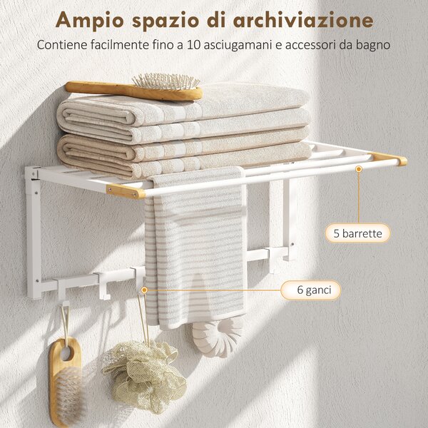 HOMCOM Portasciugamani a Parete Pieghevole con 5 Barre e 6 Ganci in Legno e Acciaio, 60x32.5x20 cm, Bianco | Aosom Italy