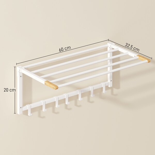 HOMCOM Portasciugamani a Parete Pieghevole con 5 Barre e 6 Ganci in Legno e Acciaio, 60x32.5x20 cm, Bianco | Aosom Italy