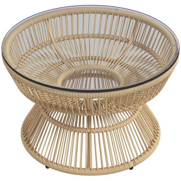 Outsunny Tavolino da giardino rotondo, tavolino d'appoggio in resina effetto rattan e piano in vetro temperato Ø60 x 37H cm